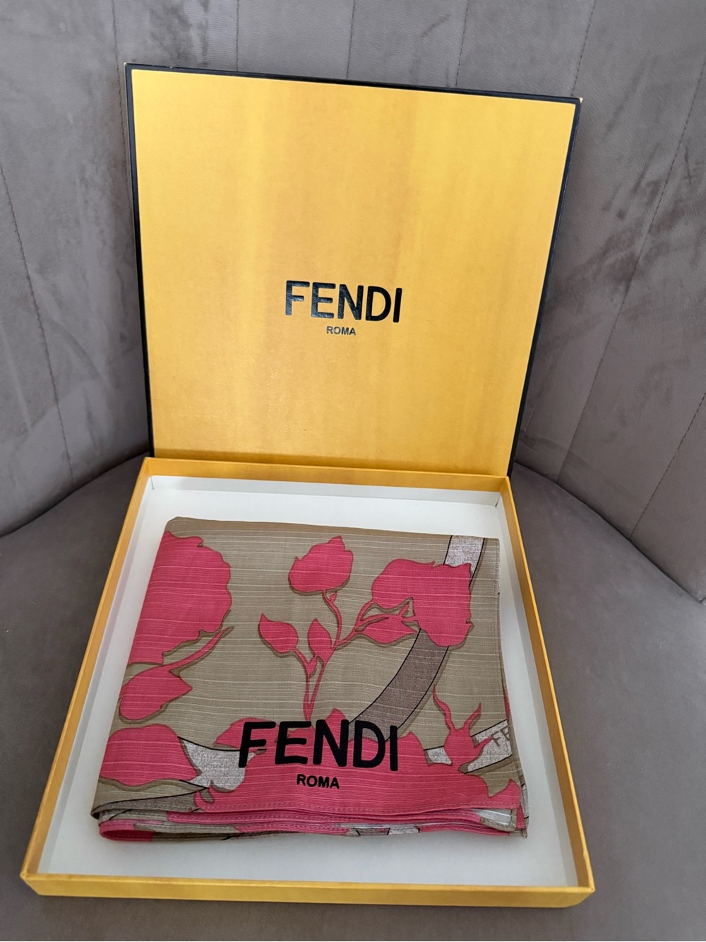 Fendi Pink Floral Logo Scarf on Taupe Ground